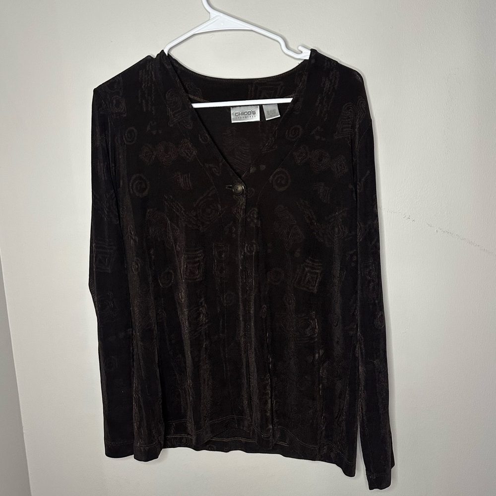 Chico's Travlers Brown Slinky Knit 1 Button Patterned Cardigan Size 1 / Medium